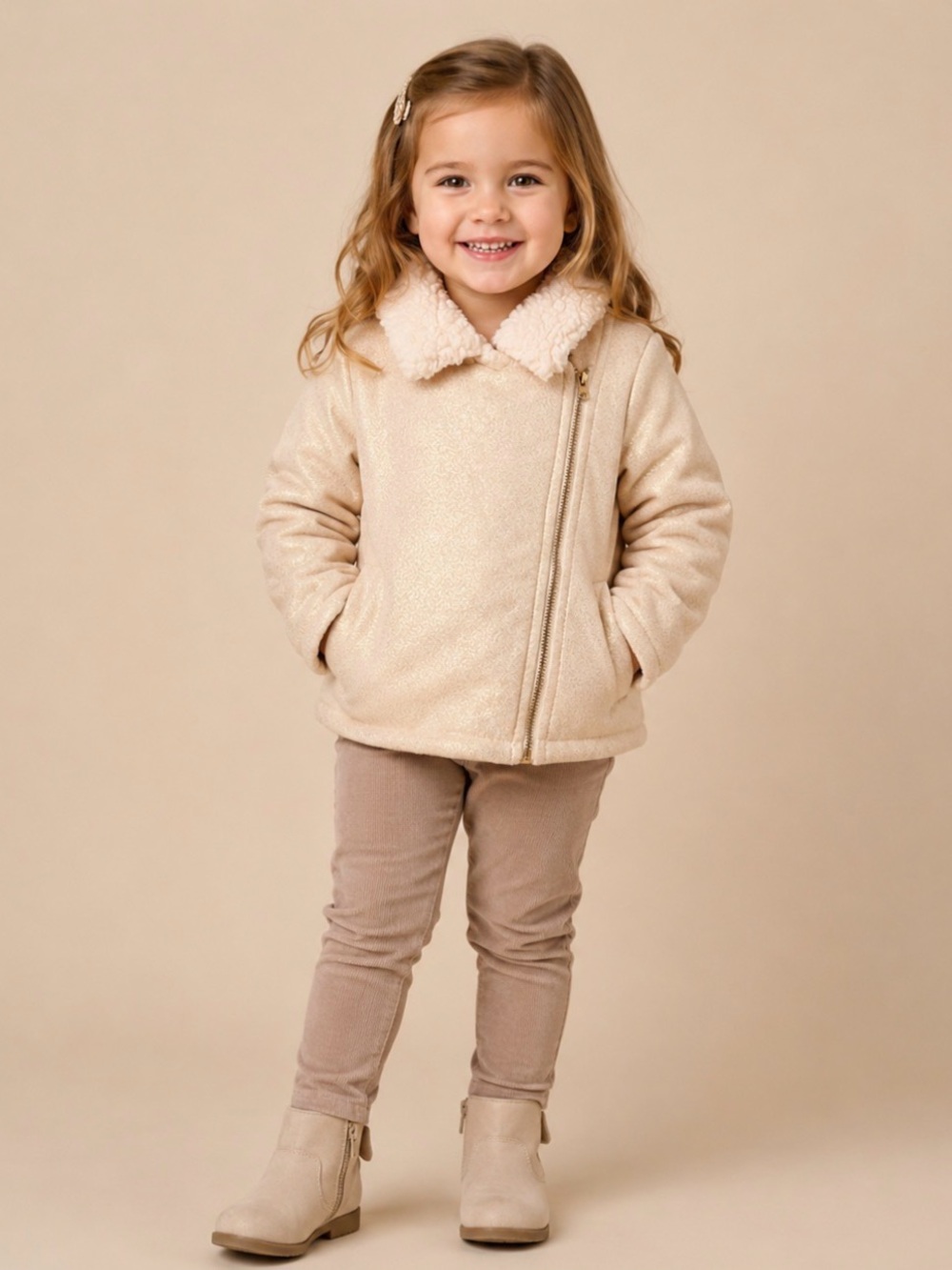 OshKosh Girls White Jacket Gold Sparkles Faux Fur Lined Zipper Down 4T